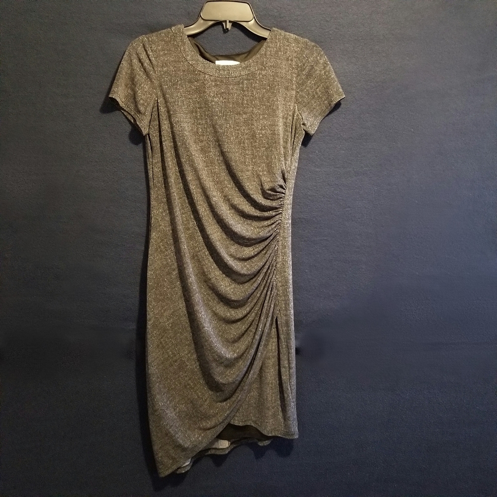 London Times Dress With Ruching Detail Stylish Asymmetrical Hem Short Sleeves